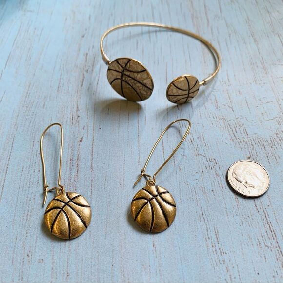 Gold Basketball Cuff Bracelet Earrings Set - Picture 1 of 2